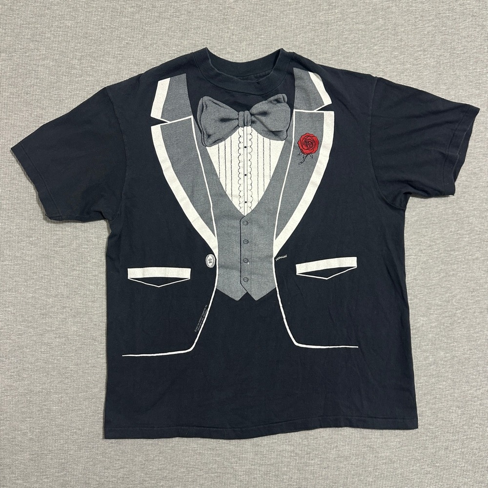 Vintage 1980 Hanes Beefy-T Tuxedo Graphic Tee Black Made in USA Mens Size XL